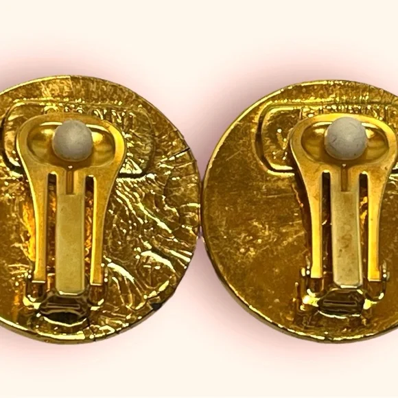 Gianni Versace Medusa Logo Vintage Clip On Earrings Black & Gold Tone - Picture 5 of 7